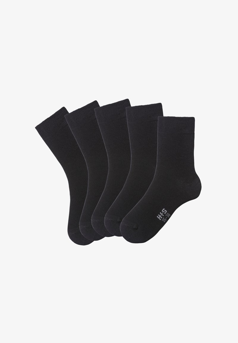 Pack mit fünf Paar schwarzen Baumwollsocken mit geripptem Bündchen und verstärktem Zehenbereich. Jede Socke hat ein dezentes Logo auf der Sohle.
