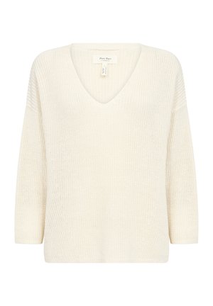 Maglione a maglia di colore crema, con scollo a V e vestibilità ampia. Presenta maniche a tre quarti e un motivo testurizzato, realizzato in filato morbido.