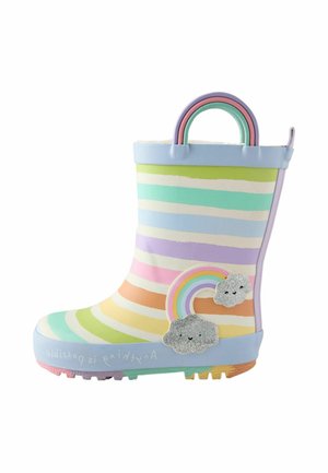 Child’s rain boot with pastel rainbow stripes, rainbow handle, and smiling cloud decorations on the side.