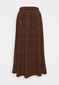 Bruine en zwarte gemêleerde midi rok met een elastische tailleband en een uitlopende zoom op een witte achtergrond.
