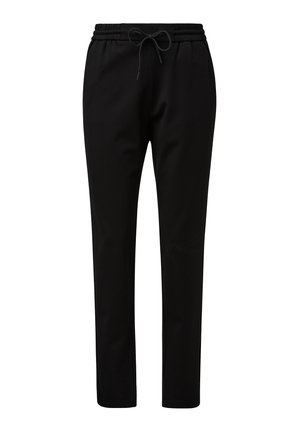 Pantaloni neri con pantaloni della tuta dotati di cintura elastica e cordoncino regolabile. Presentano gambe affusolate e nessun motivo o accento visibile.