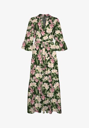 Maxi dress in dark green fabric, featuring a floral print with pink and white orchids. V-neckline, bell sleeves, and a belted waist design.