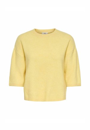 Zachte gele trui met korte mouwen, een ronde hals en een losse pasvorm, gemaakt van textuurgebreide stof.