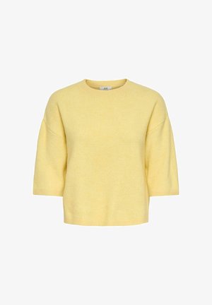 Zachte gele trui met korte mouwen, een ronde hals en een losse pasvorm, gemaakt van textuurgebreide stof.
