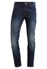 Mörkblå slim-fit denimjeans med blekta områden på låren och knäna, framfickor, bältes öglor och knappstängning.