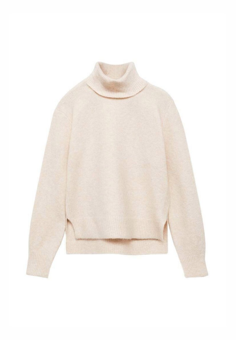 Bež pulover s turtleneck iz mehke pletene tkanine, sproščenega kroja, z rebrastim ovratnikom in robom ter stranskimi razporki za lažje gibanje.