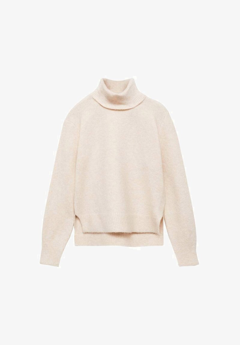 Bež pulover s turtleneck iz mehke pletene tkanine, sproščenega kroja, z rebrastim ovratnikom in robom ter stranskimi razporki za lažje gibanje.