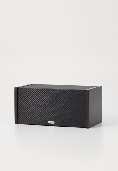 Black rectangular speaker with a textured surface and wooden accents. Front grid pattern with a small metal logo on the bottom right.
