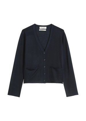 Navy blue cardigan made of soft fabric, featuring a V-neck, long sleeves, button front, and two front pockets. Clean design with minimal detailing.