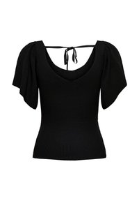 Haut noir côtelé avec un profond décolleté en V, manches courtes bouffantes et détail à nouer dans le dos. Texture douce et silhouette ajustée valorisent son design.