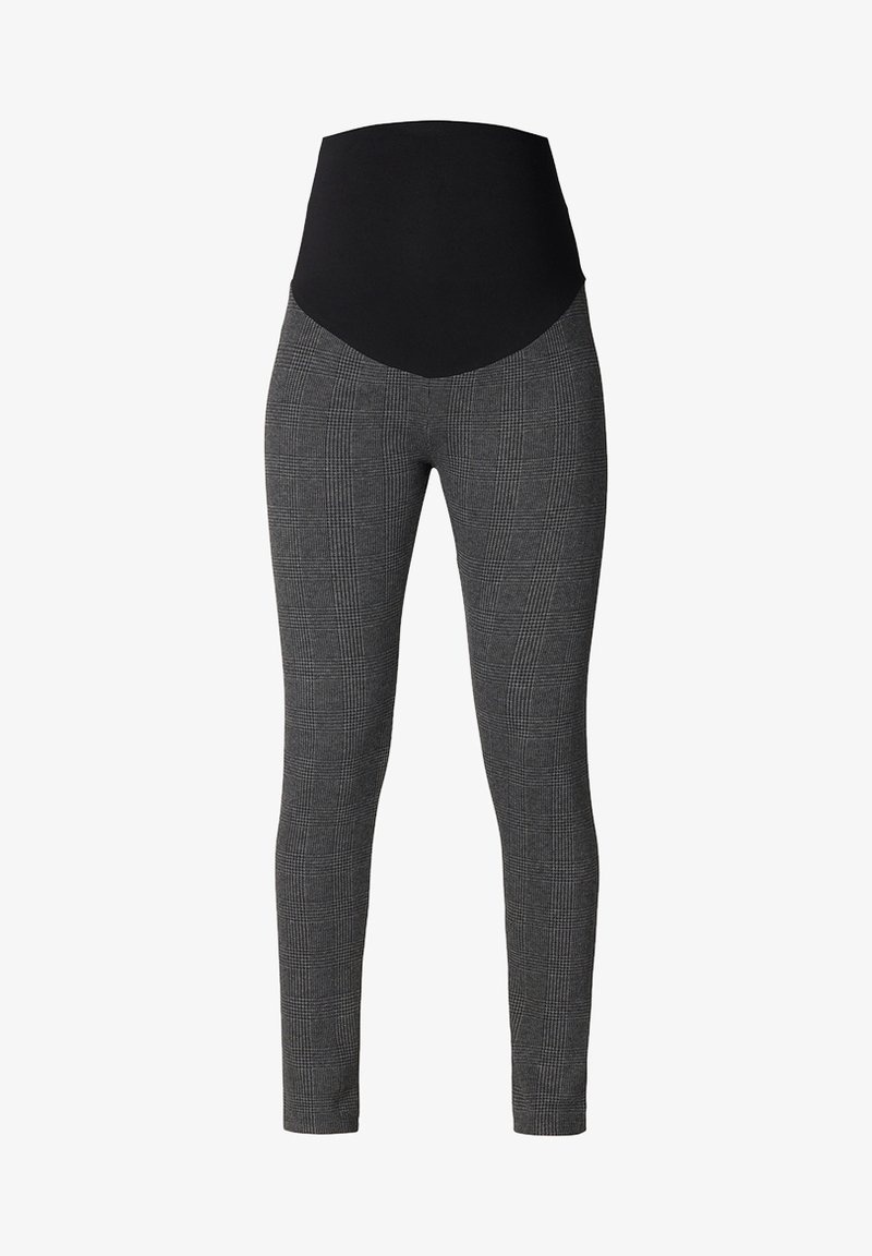 High-waisted leggings in gray houndstooth pattern with a smooth black waistband. Stretchy fabric, fitted design with full-length legs.