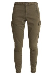 Pantalon cargo vert olive à coupe slim, fabriqué en tissu de coton doux. Comprend des poches latérales et une poche zippée pour plus de fonctionnalité.