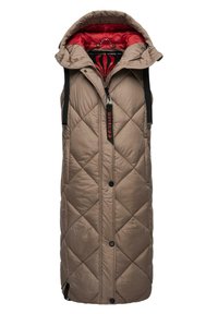 Gilet matelassé beige avec un intérieur rouge, doté d'une capuche, d'une fermeture éclair et d'accents noirs. Texture lisse, design jusqu'aux genoux.