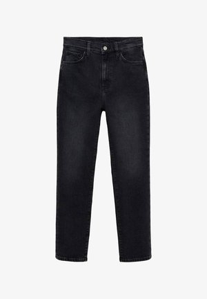 Crne traperice s ravnim dizajnom; imaju pet džepova, pojas s petljama i metalno kopčanje.