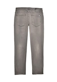 Sivi denim kavbojki s ravnim krojem, dvema zadnjima žepoma, minimalnim bledenjem in vidnim šivanjem ob šivih. Brez sprednjega pogleda.