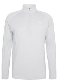 Hellgrauer langärmliger Pullover mit einem Viertel-Reißverschluss-Kragen, aus weichem Stoff gefertigt, mit einer gestickten Logo auf der oberen linken Seite.