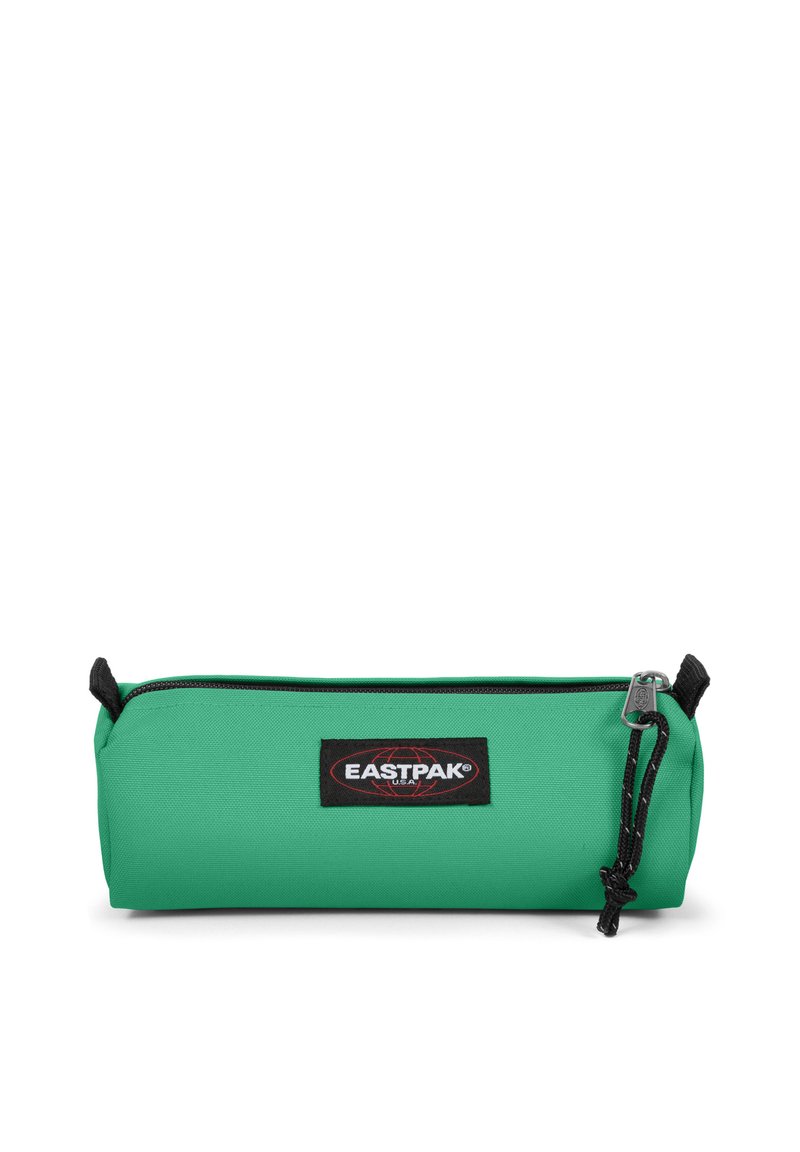 Green pencil case with a textured finish, black zipper, and a black Eastpak logo patch. Features a cord for easy handling.