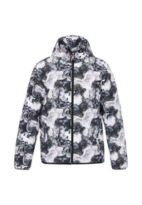 Giacca con zip a motivo che presenta un design astratto in bianco, nero e grigio. Include un cappuccio e un bordo nero a contrasto lungo i lati.