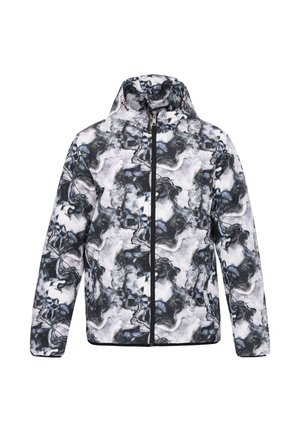 Zipperová bunda se vzorem s abstraktním designem v černé, bílé a šedé barvě. Obsahuje kapuci a kontrastní černý lem podél okrajů.