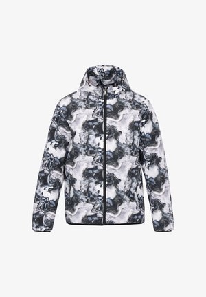 Zipperová bunda se vzorem s abstraktním designem v černé, bílé a šedé barvě. Obsahuje kapuci a kontrastní černý lem podél okrajů.