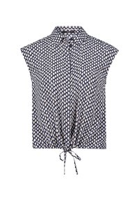 Blusa a manica corta in navy e crema, presenta un motivo geometrico, chiusura con bottoni frontale, colletto e un dettaglio a fiocco in vita.