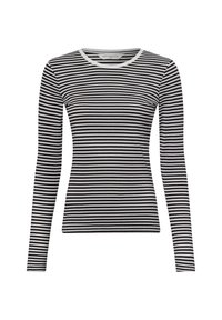 Langermet stripet topp med svarte og hvite horisontale striper, rund hals og slank passform. Mykt stoff med en glatt tekstur.