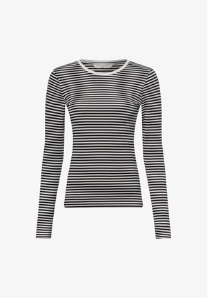 Langsleeve gestreepte top met zwart-witte horizontale strepen, een ronde hals en een slim fit ontwerp. Zacht materiaal met een gladde textuur.