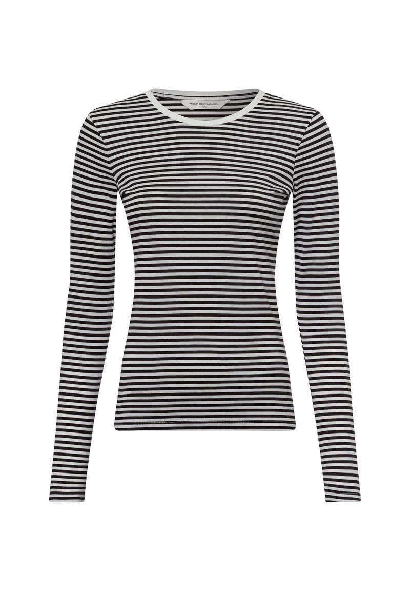 Langermet stripet topp med svarte og hvite horisontale striper, rund hals og slank passform. Mykt stoff med en glatt tekstur.