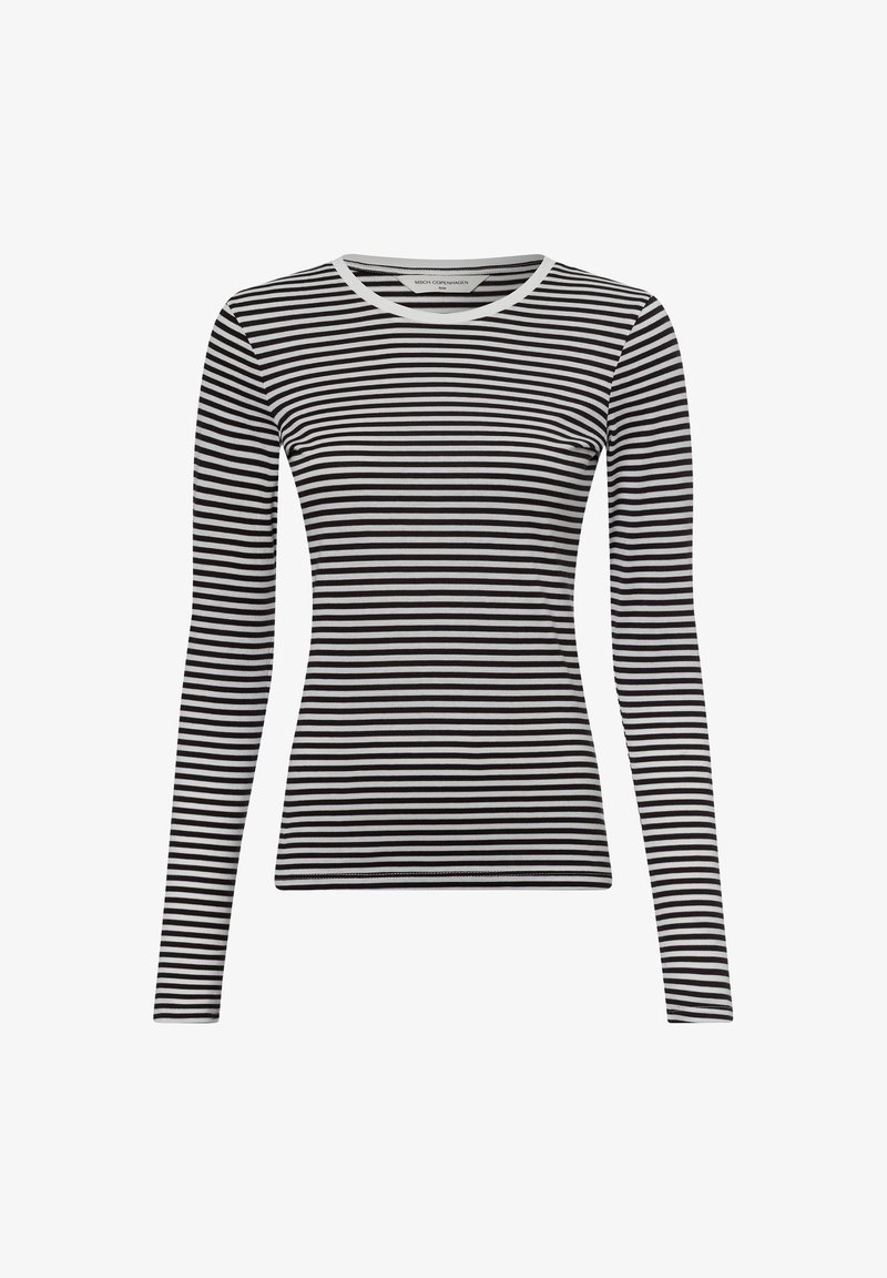 Langermet stripet topp med svarte og hvite horisontale striper, rund hals og slank passform. Mykt stoff med en glatt tekstur.
