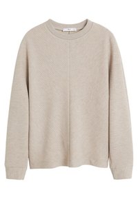 Maglione beige a maniche lunghe realizzato in tessuto testurizzato con polsini e orlo a costine, caratterizzato da strisce diagonali sulle sezioni frontali e posteriori.