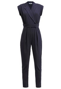 Marinblå jumpsuit med korta ärmar, figursydd midja, vida ben och plisserad frontdetalj. Tillverkad av ett slätt tyg med en skräddarsydd silhuett.