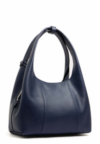 Borsa hobo in pelle blu navy con una texture morbida, ampia apertura e manico curvo. Presenta un vano con zip sul lato.