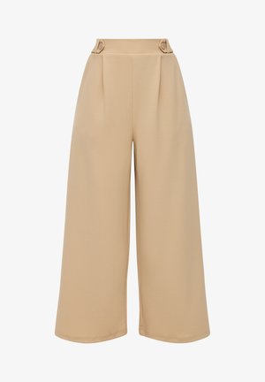 Bežové nohavice so širokými nohavicami a vysokým pásom, so zdobením dvoma gombíkmi a predným skladaním, vyrobené z hladkej tkaniny s jemnou textúrou.
