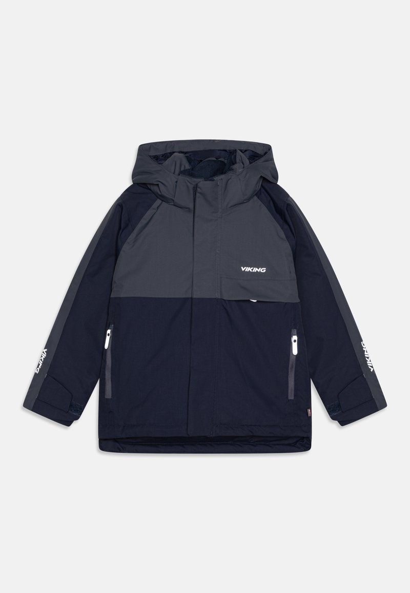 Ναυτικό και γκρι αδιάβροχο μπουφάν με κούμπωμα φερμουάρ, ελαστικούς καρπούς και το λογότυπο "VIKING" στα μανίκια.