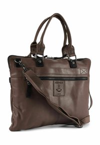 Bruine leren tas met dubbele handgrepen, een afneembare schouderriem, een buitenvak met rits en een label met een ankerlogo.