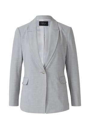 Blazer gris clair en tissu texturé, avec une fermeture à un bouton, des revers à cran et deux poches avant avec des détails en rabat.