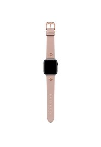Smartwatch with a square black display, light pink leather strap, rose gold hardware, and decorative accents on the strap.
