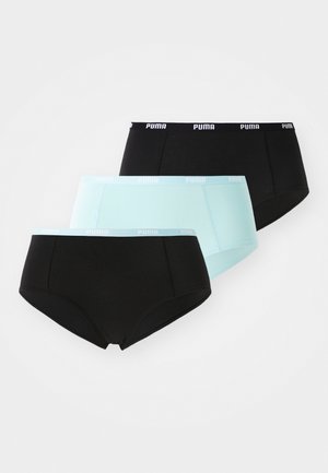 Three pairs of women's underwear: one black with black waistband, two light blue with light blue waistbands. Cotton material, classic brief design.