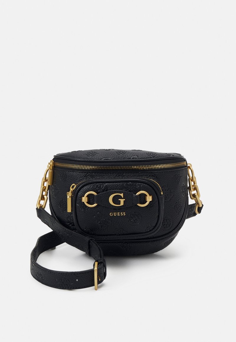 Schwarze Kunstleder-Crossbody-Tasche mit geprägtem Muster, Hardware in Goldton, Logo-Detail auf der Vorderseite, Reißverschlussverschluss und verstellbarem Tragegurt.