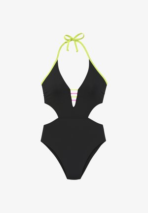 Costume intero nero con scollatura a V profonda, spalline verde neon e lati con aperture. Presenta tre strisce orizzontali rosa sul petto.