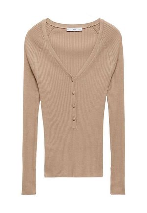 Top din tricot bej cu nervuri, cu mânecă lungă și decolteu în V, având patru butoane acoperite cu țesătură pe centrul frontal.