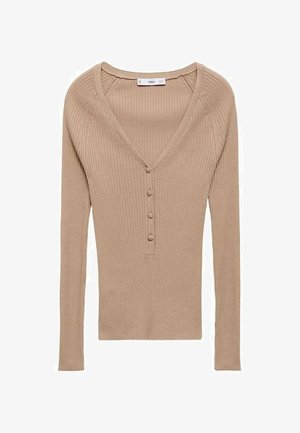 Béžový halenkový top z rib knit s dlouhým rukávem a V-výstřihem, s čtyřmi knoflíky potaženými látkou uprostřed vpředu.