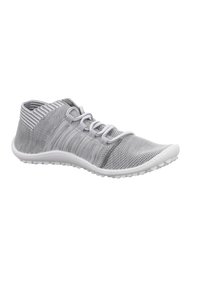 Gray athletic shoe made of breathable knit material, featuring a low-cut design, elastic laces, and a textured white rubber sole.