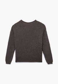 Ciemnobrązowy sweter dziany z fakturowanym wzorem, okrągłym dekoltem i długimi rękawami. Prosty krój, miękka tkanina. Widok z tyłu.