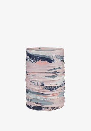 Scaldacollo multifunzionale in tessuto morbido ed elastico. Presenta un motivo di montagne rosa e grigie, forma cilindrica e un dettaglio logo discreto.