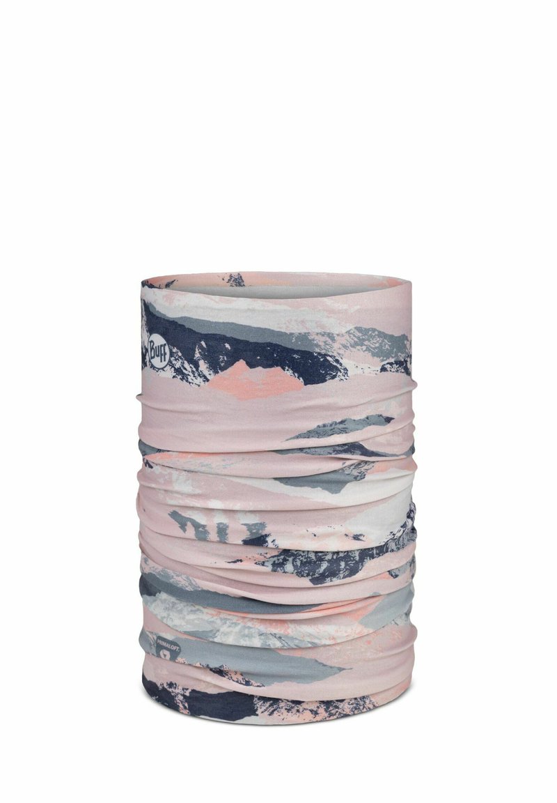 Multifunctionele nekwarmer van zachte, rekbare stof. Heeft een roze en grijs bergpatroon, cilindervorm en subtiel logodetail.