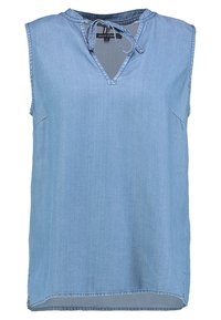 Ärmelloses Denim-Oberteil in Hellblau mit einem V-Ausschnitt und einer Bindeschleife, seitlichen Schlitztaschen und einem geraden Saum mit gestickten Details.