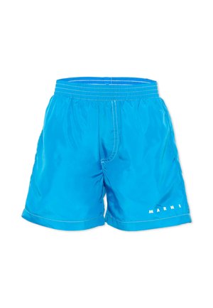 Pantaloncini da bagno blu brillante con cintura elastica, cuciture bianche e logo "MARNI" sul risvolto della gamba sinistra.