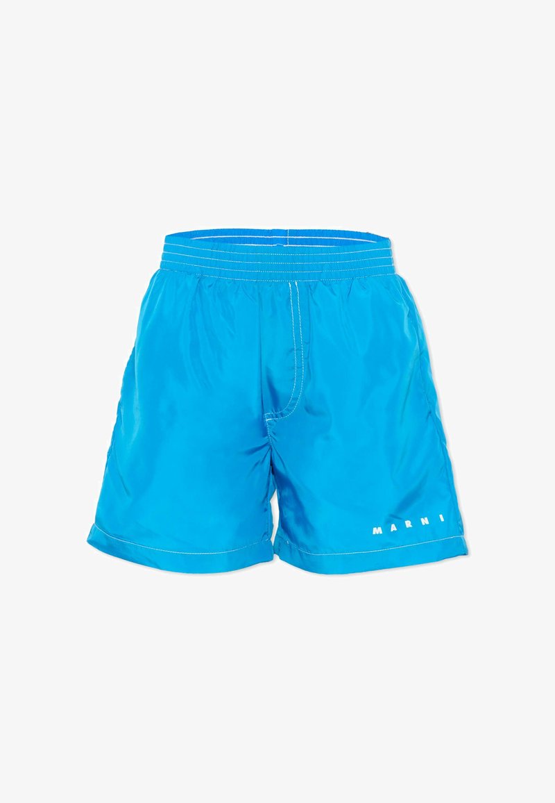 Shorts de bain bleu vif avec ceinture élastique, coutures blanches et logo "MARNI" sur le revers de la jambe gauche.