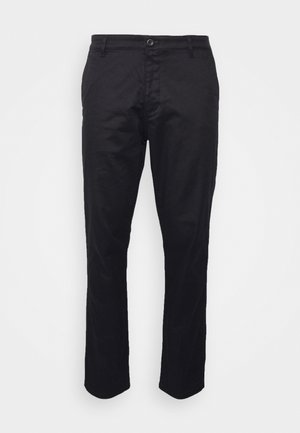 Pantaloni neri realizzati in tessuto misto cotone, caratterizzati da un design a gamba dritta, tasche anteriori e un'unica chiusura con bottone in vita.